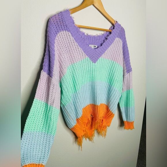 Fashion Nova Womens Colorblock Distressed Sweater Lavender Combo Small - Picture 3 of 6